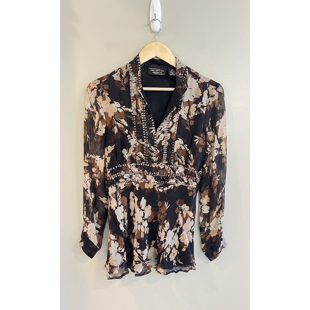 New York City Design Co Y2K Brown 100% Silk Floral V-Neck Blouse M